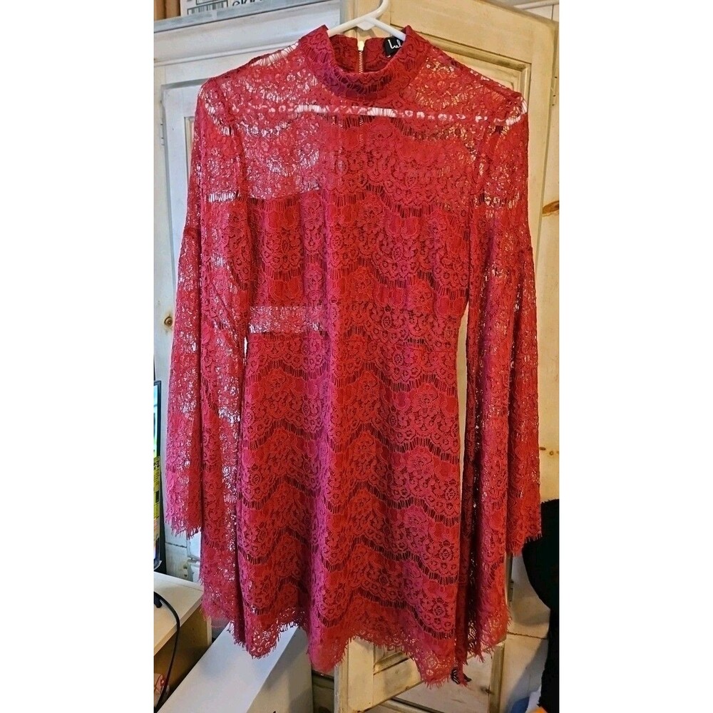 Lulus Cut Out Lace Mini Dress Sz M Cranberry Red Bell Sleeves Goth Style